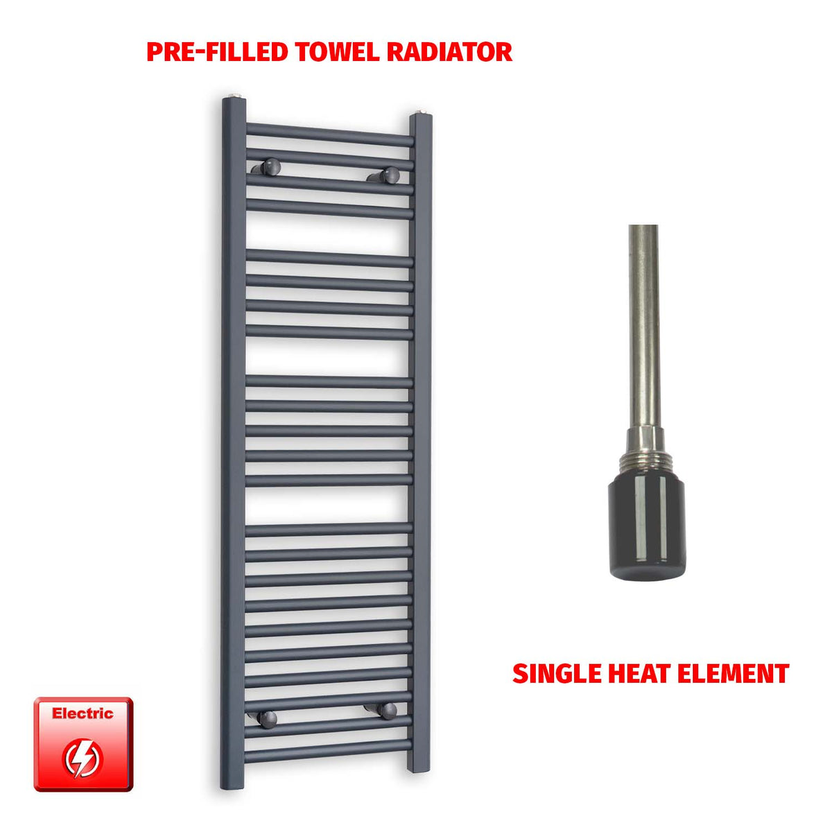 1200 x 400 Flat Anthracite Pre-Filled Electric Heated Towel Rail HTR
