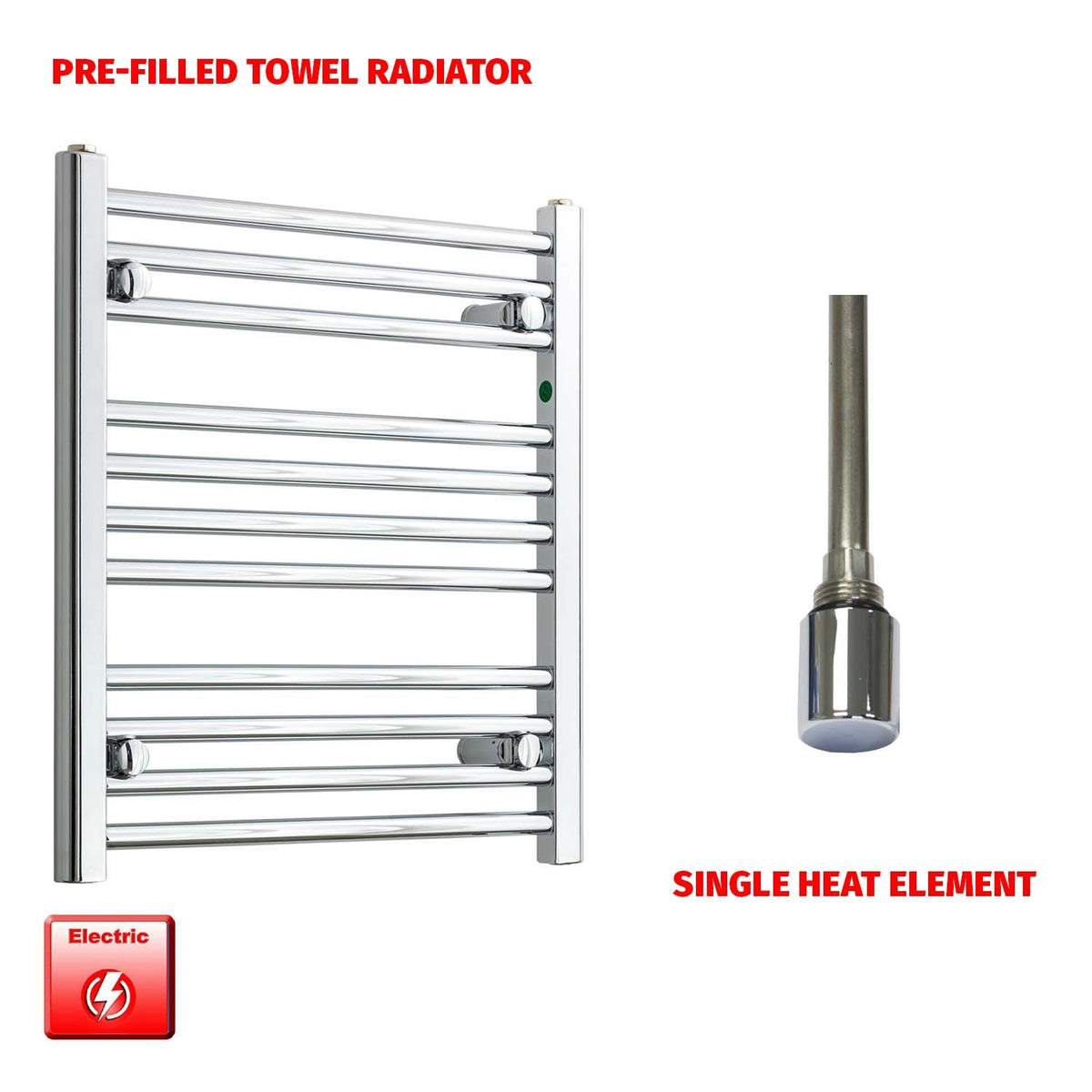 600mm High 500mm Wide Pre-Filled Electric Heated Towel Rail Radiator Straight or Curved Chrome Single heat element no timer
