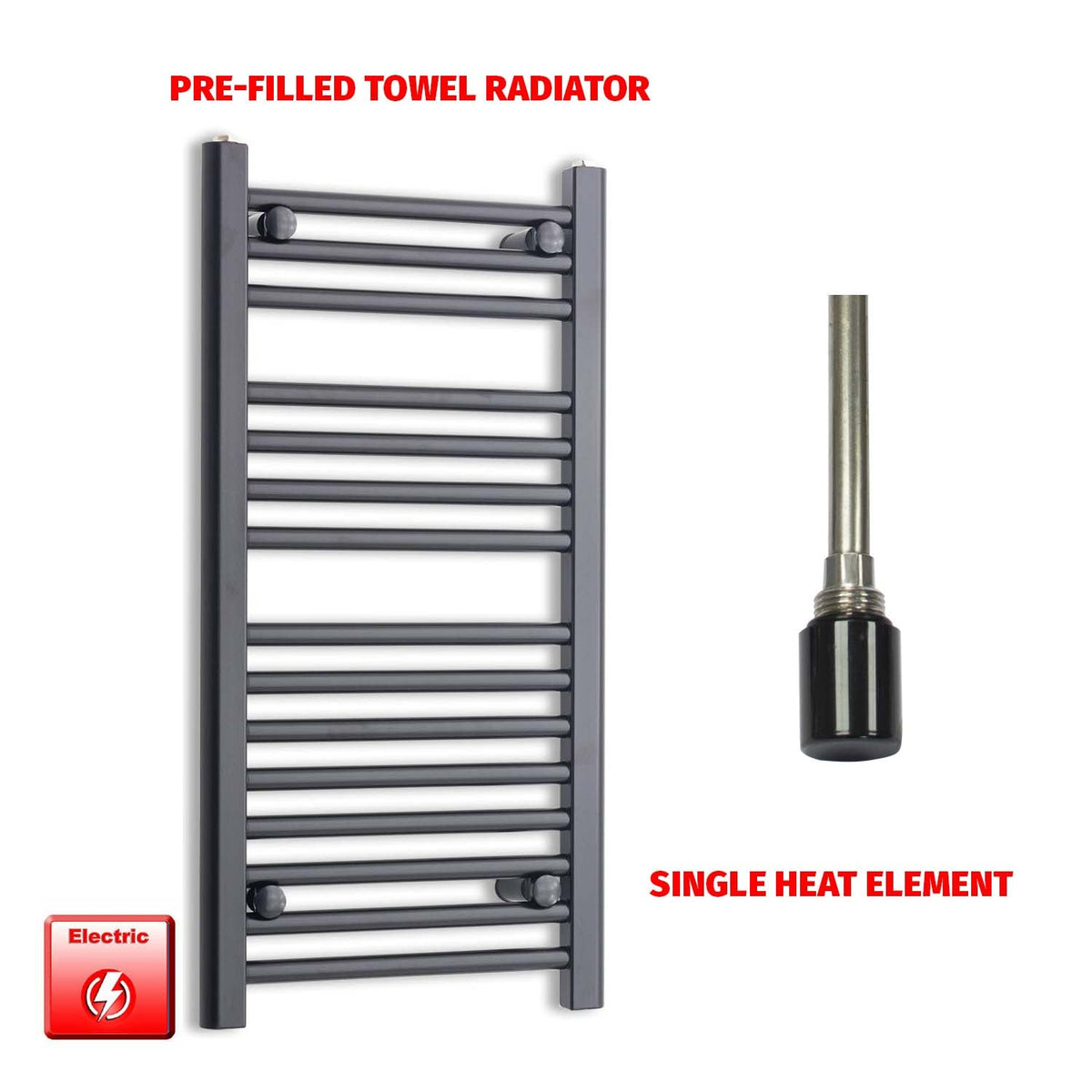 800mm High 400mm Wide Flat Black Pre-Filled Electric Heated Towel Radiator HTR Single No Timer