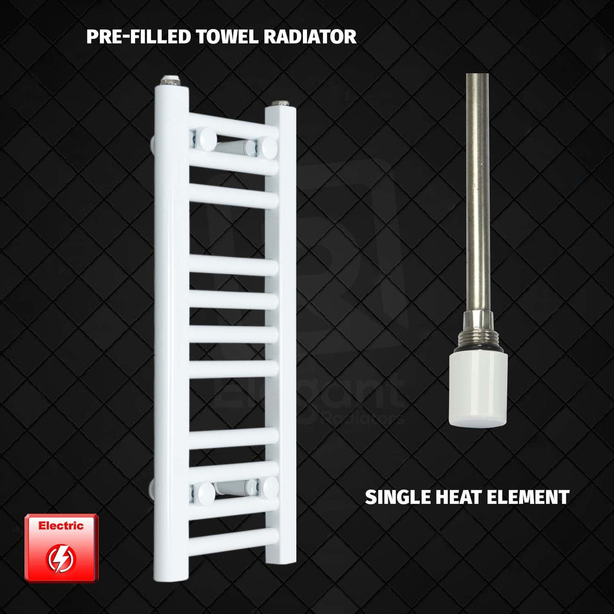 600 mm High 250 mm Wide Pre-Filled Electric Heated Towel Rail Radiator White HTR Single heat element