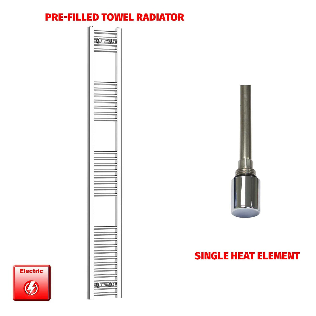1800 x 200 Pre-Filled Electric Heated Towel Radiator Straight Chrome single heat element