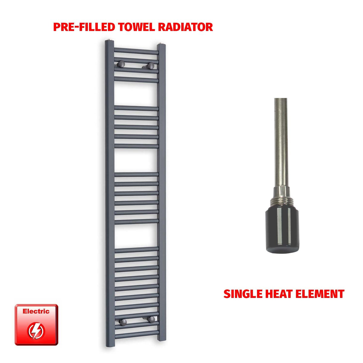 1400mm High 300mm Wide Flat Anthracite Pre-Filled Electric Heated Towel Rail Radiator HTR Single heat element no timer