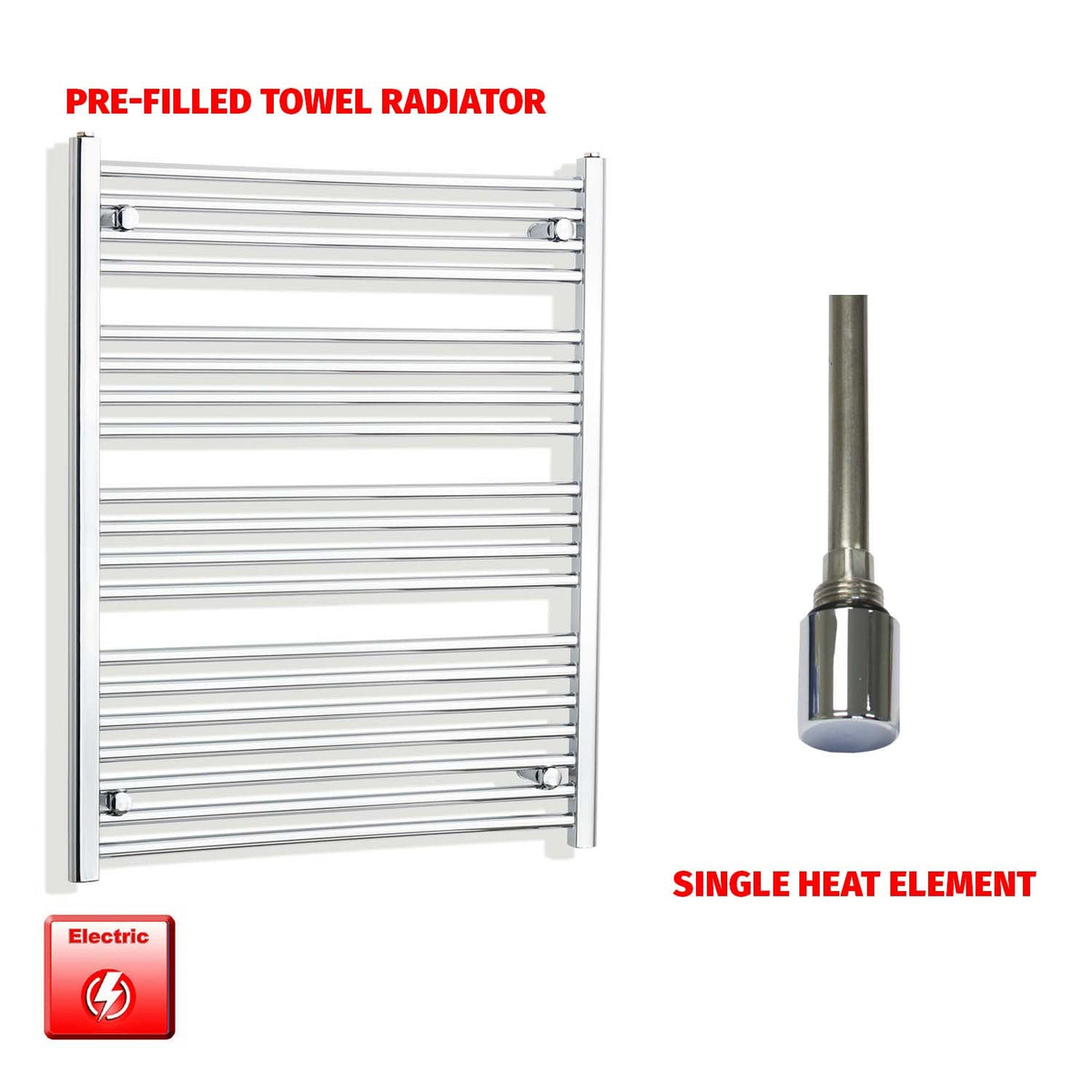 1000 x 750 Pre-Filled Electric Heated Towel Radiator Curved or Straight Chrome Single heat element no timer