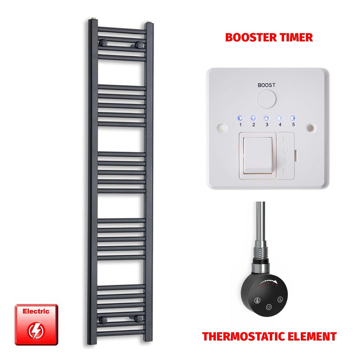 1400 x 300 Flat Black Pre-Filled Electric Heated Towel Radiator HTR Smart Thermostatic Booster Timer