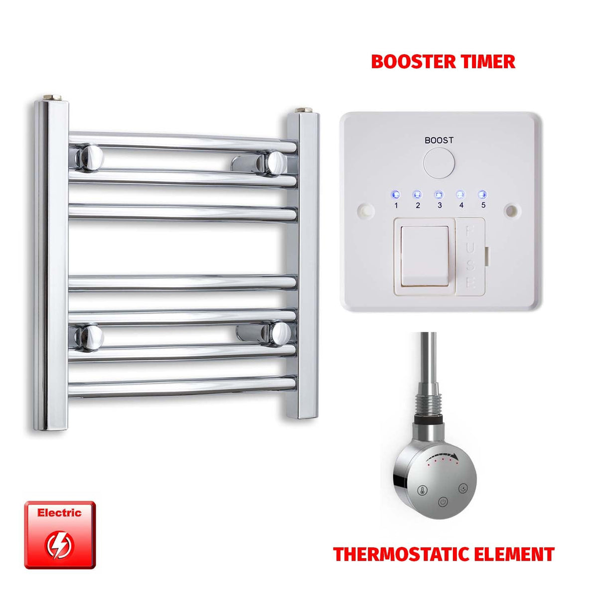400 x 500mm Pre-Filled Electric Heated Towel Radiator Straight or Curved Chrome SMR Thermostatic element Booster timer