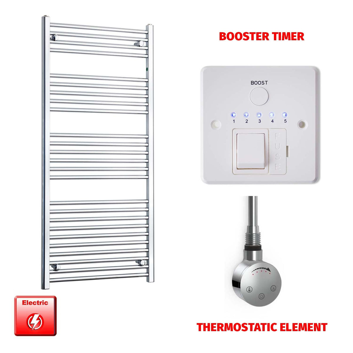 1400 x 600 Flat Chrome Pre-Filled Electric Heated Towel Rail smart booster timer