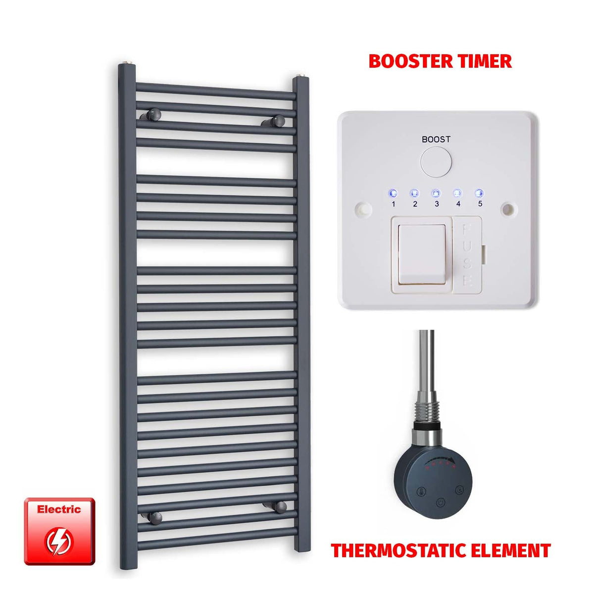 1200mm High 500mm Wide Flat Anthracite Pre-Filled Electric Heated Towel Rail Radiator HTR SMR Thermostatic element Booster timer