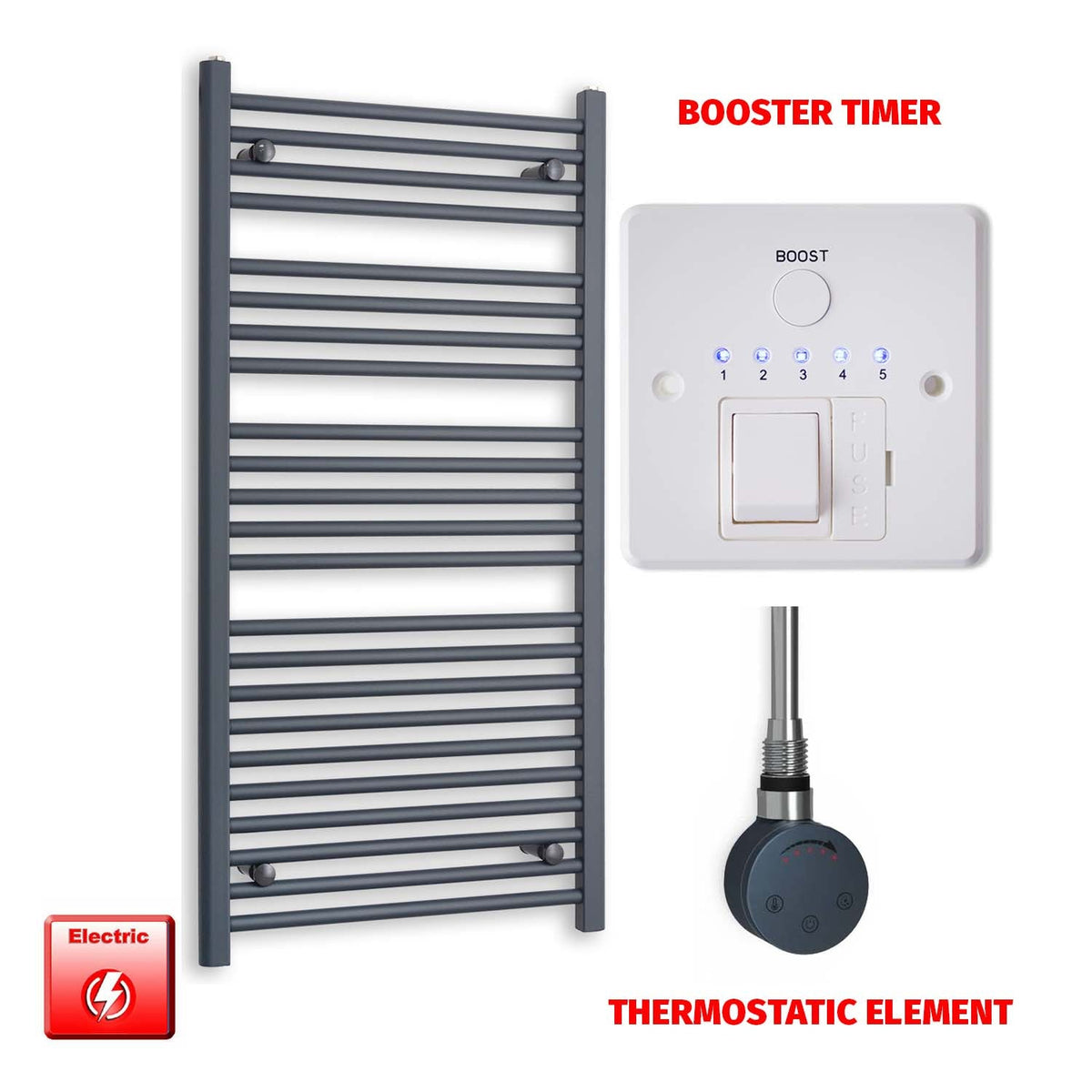 1200mm High 600mm Wide Flat Anthracite Pre-Filled Electric Heated Towel Rail Radiator HTR SMR Thermostatic element Boostertimer