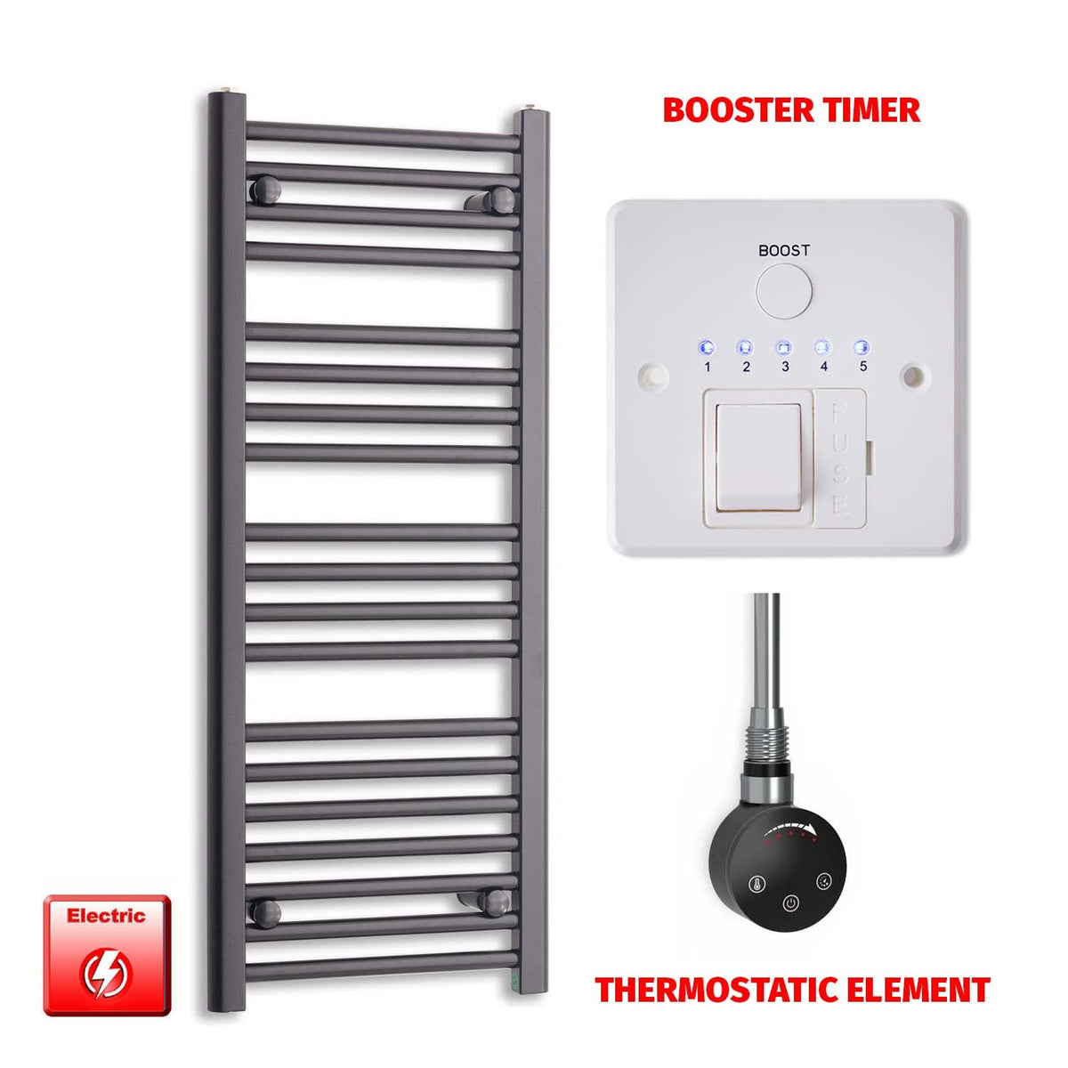 1000mm High 450mm Wide High Flat Black Pre-Filled Electric Heated Towel Radiator HTR SMART Thermostatic Booster Timer