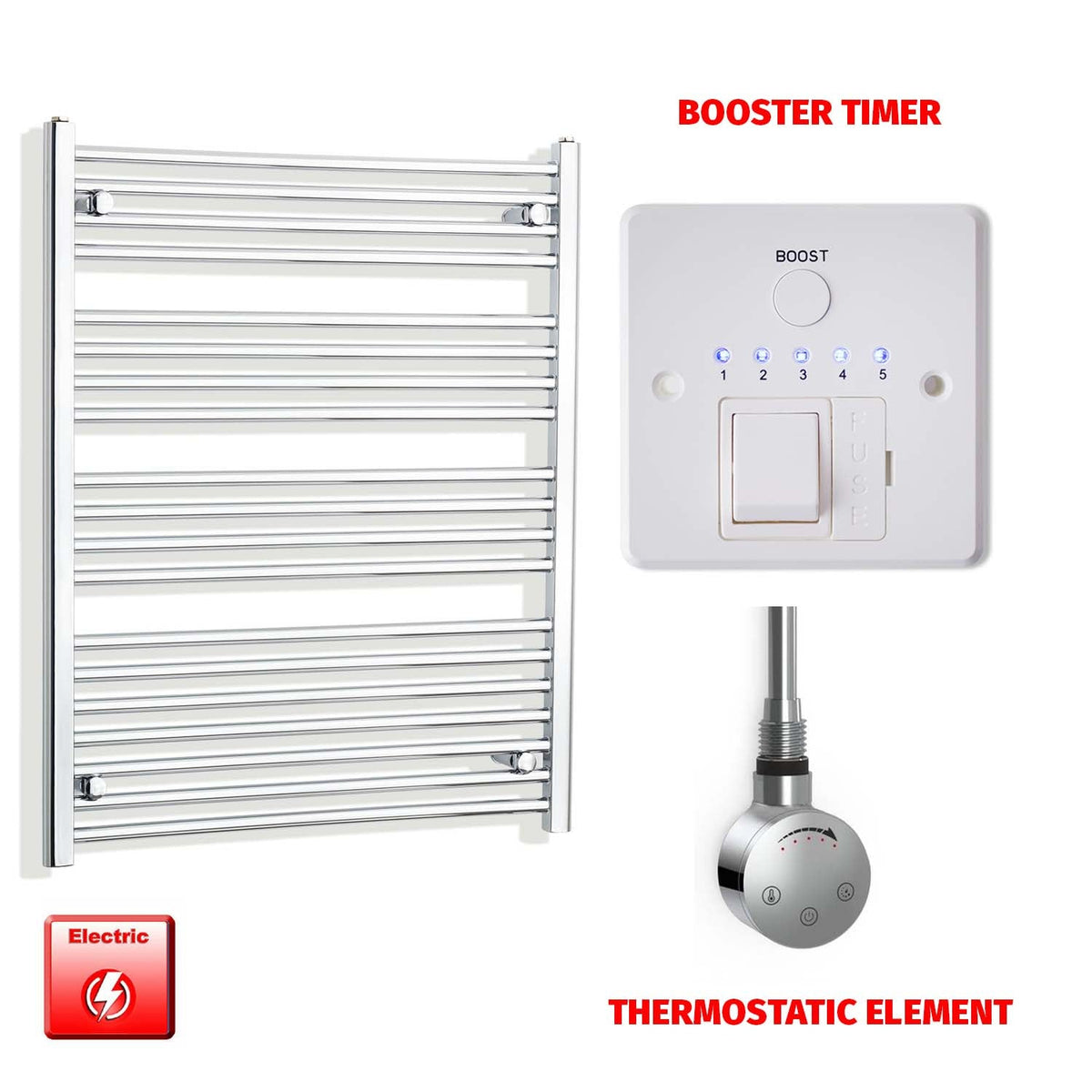 1000 x 800 Pre-Filled Electric Heated Towel Radiator Straight Chrome SMR Thermostatic element Booster timer