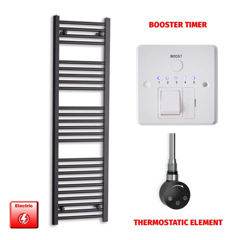 1400 x 450 Flat Black Pre-Filled Electric Heated Towel Radiator HTR Smart Thermostatic Booster Timer