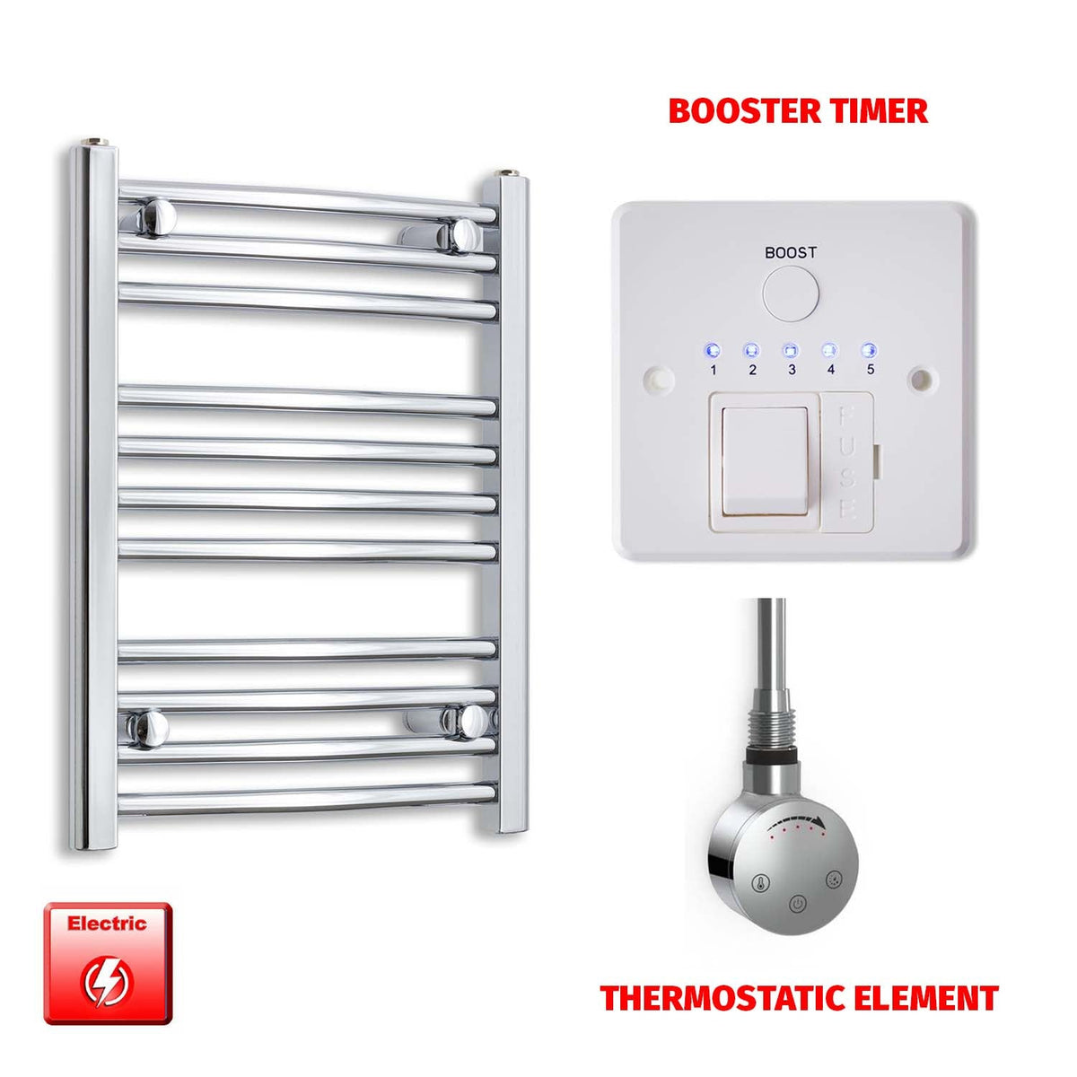 600mm High 400mm Wide Pre-Filled Electric Heated Towel Radiator Straight Chrome SMR Thermostatic element Booster timer