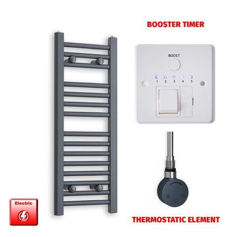 800mm High 300mm Wide Flat Anthracite Pre-Filled Electric Heated Towel Rail Radiator HTR SMR Thermostatic element Booster timer