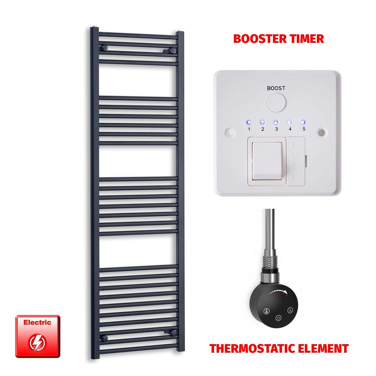 1600 x 500 Flat Black Pre-Filled Electric Heated Towel Radiator HTR Smart Thermostatic Booster Timer