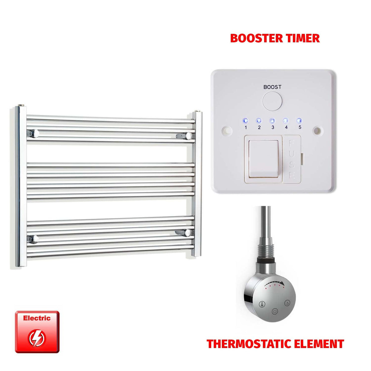 600 x 750 Pre-Filled Electric Heated Towel Radiator Curved or Straight Chrome SMR Thermostatic element Booster timer