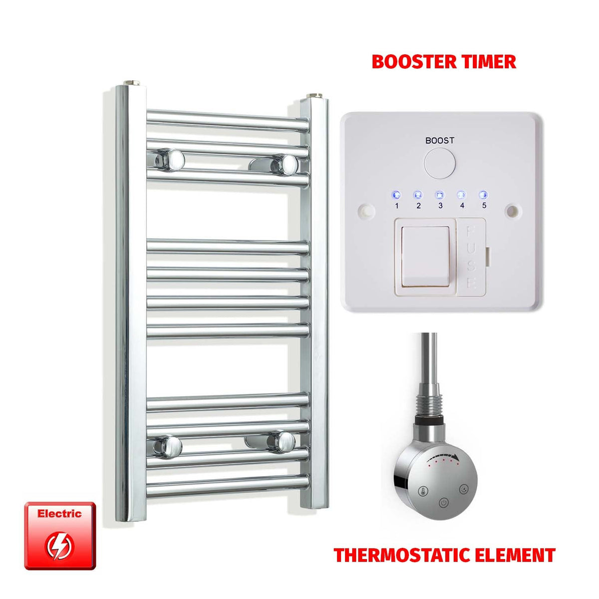 600 x 300 Pre-Filled Electric Heated Towel Radiator Straight Chrome Smart Element Booster Timer