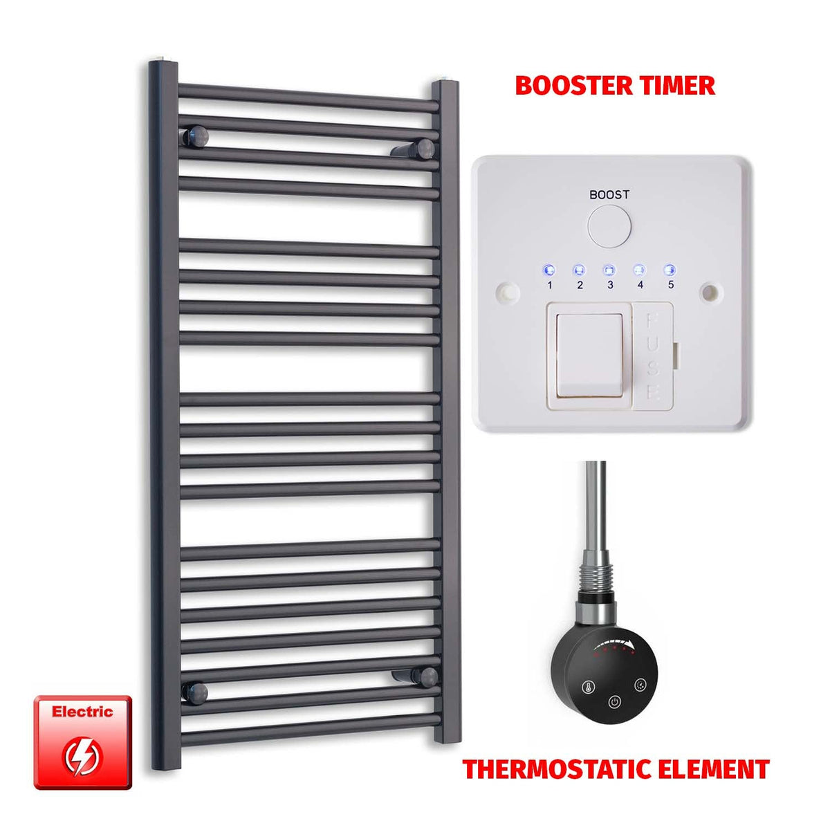 1000mm High 500mm Wide Flat Black Pre-Filled Electric Heated Towel Rail Radiator HTR Smart Thermostatic Booster Timer