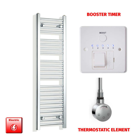 1200 x 350 Pre-Filled Electric Heated Towel Radiator Straight Chrome SMR Thermostatic element Booster timer