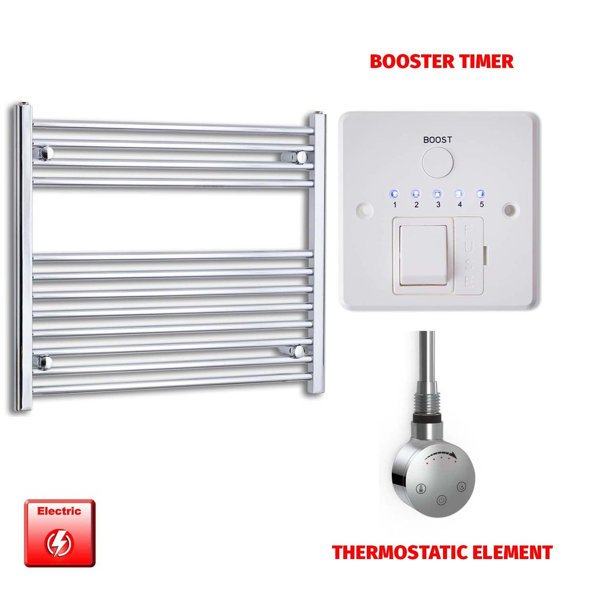 700 x 800 Pre-Filled Electric Heated Towel Radiator Straight Chrome SMR Thermostatic element Booster timer