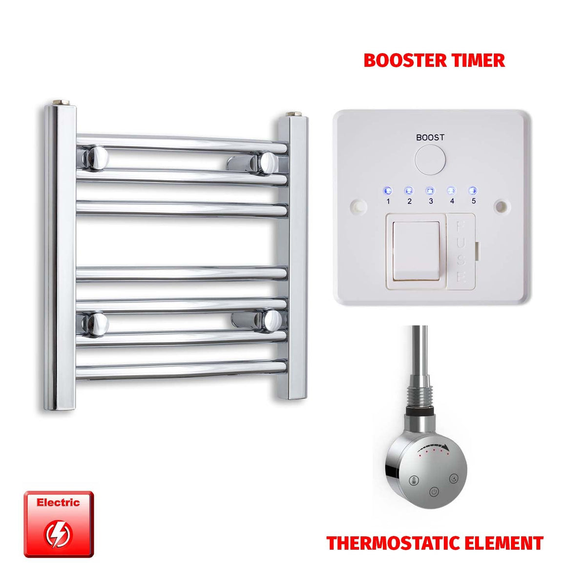 400mm High 400mm Wide Pre-Filled Electric Heated Towel Radiator Straight Chrome SMR Thermostatic element Booster timer