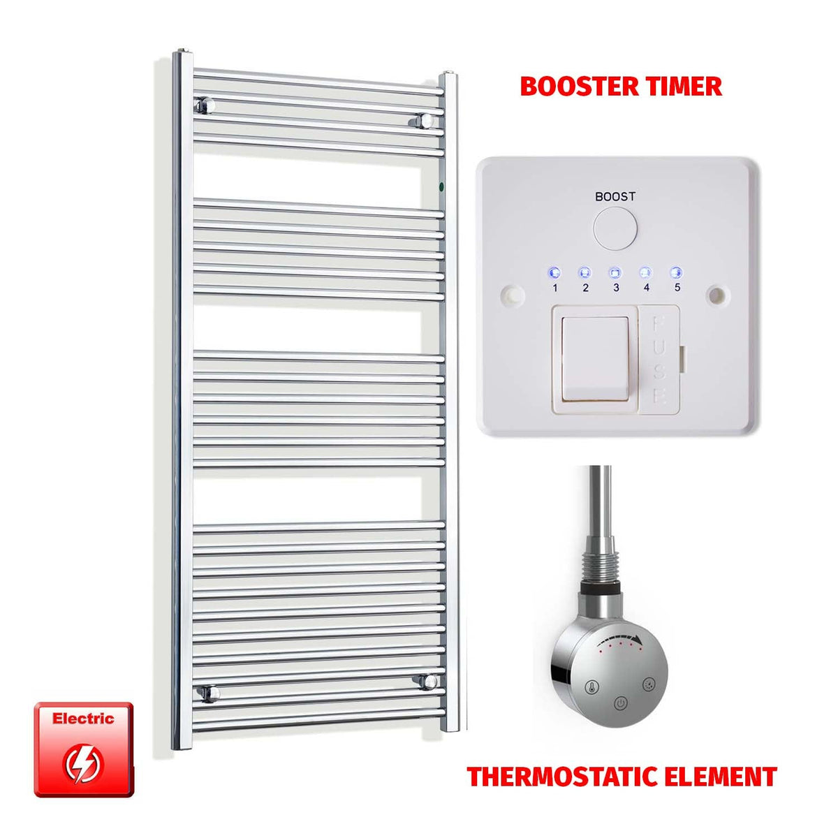 1400mm High 550mm Wide Pre-Filled Electric Heated Towel Radiator Straight Chrome SMR Thermostatic element Booster timer
