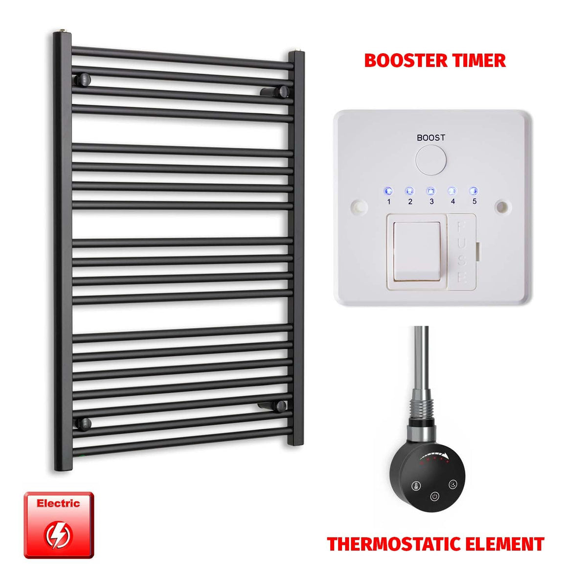 1000mm x 700mm Wide Flat Black Pre-Filled Electric Towel Radiator HTR Smart Thermostatic Booster Timer