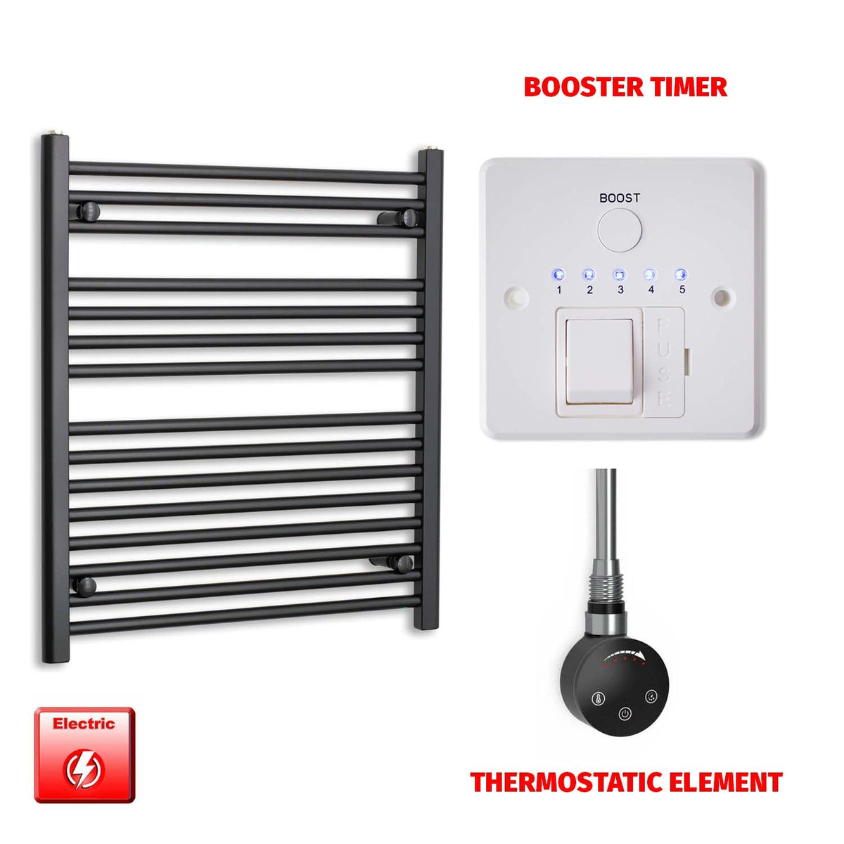 800 x 700 Flat Black Pre-Filled Electric Heated Towel Radiator HTR Smart Thermostatic Booster Timer