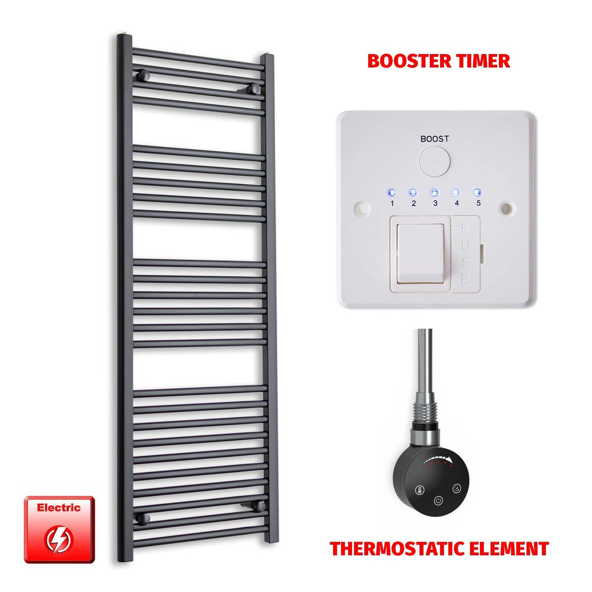 1400mm High 600mm Wide Flat Black Pre-Filled Electric Heated Towel Rail Radiator HTR Smart Thermostatic Booster Timer