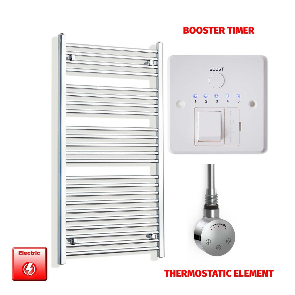 1200mm High 550mm Wide Pre-Filled Electric Heated Towel Radiator Chrome HTR SMR Thermostatic element Booster timer