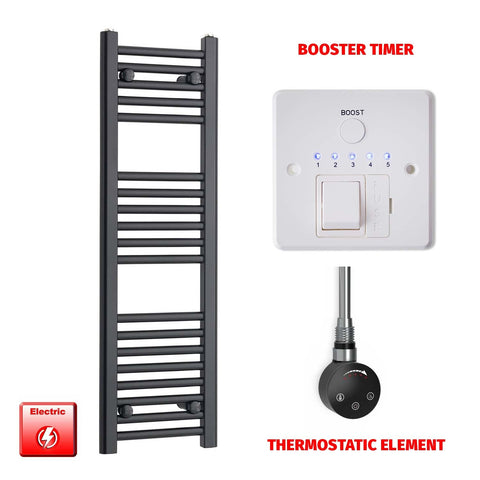 1000mm High 300mm Wide Flat Black Pre-Filled Electric Heated Towel Rail Radiator SMART Thermostatic Booster Timer