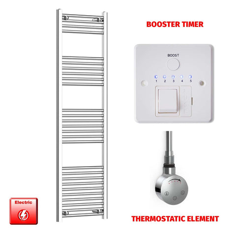 1600 x 450 Pre-Filled Electric Heated Towel Radiator Straight Chrome SMR Thermostatic element Booster timer