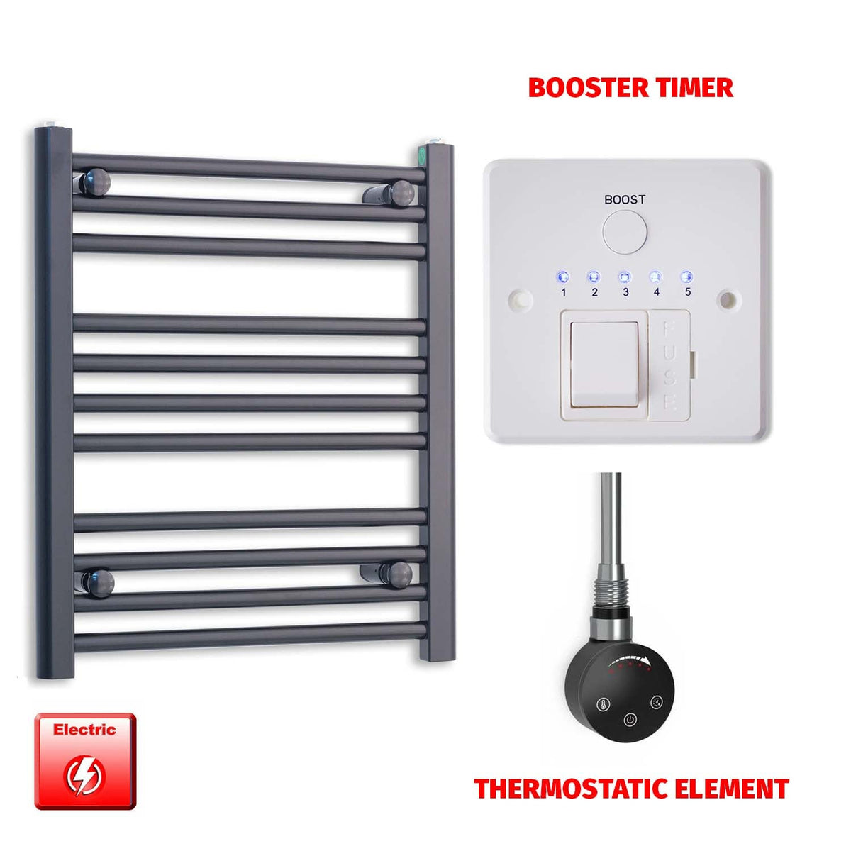 600 x 500 Flat Black Pre-Filled Electric Heated Towel Radiator HTR Smart Thermostatic Booster Timer