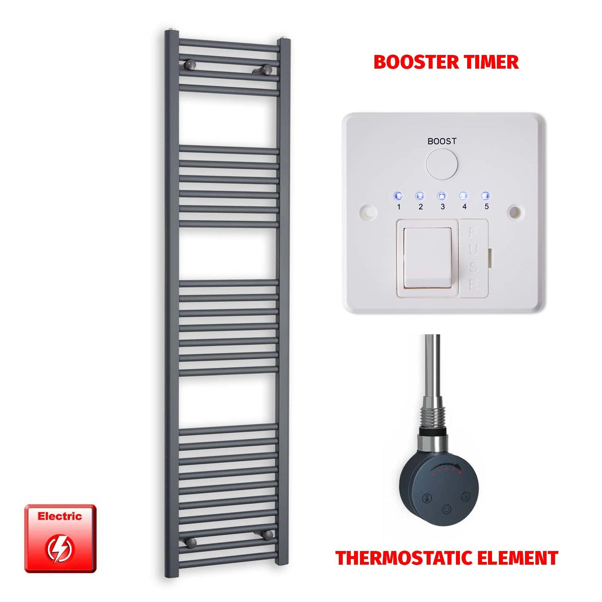 1600mm High 400mm Wide Flat Anthracite Pre-Filled Electric Heated Towel Radiator HTR SMR Thermostatic element Booster timer