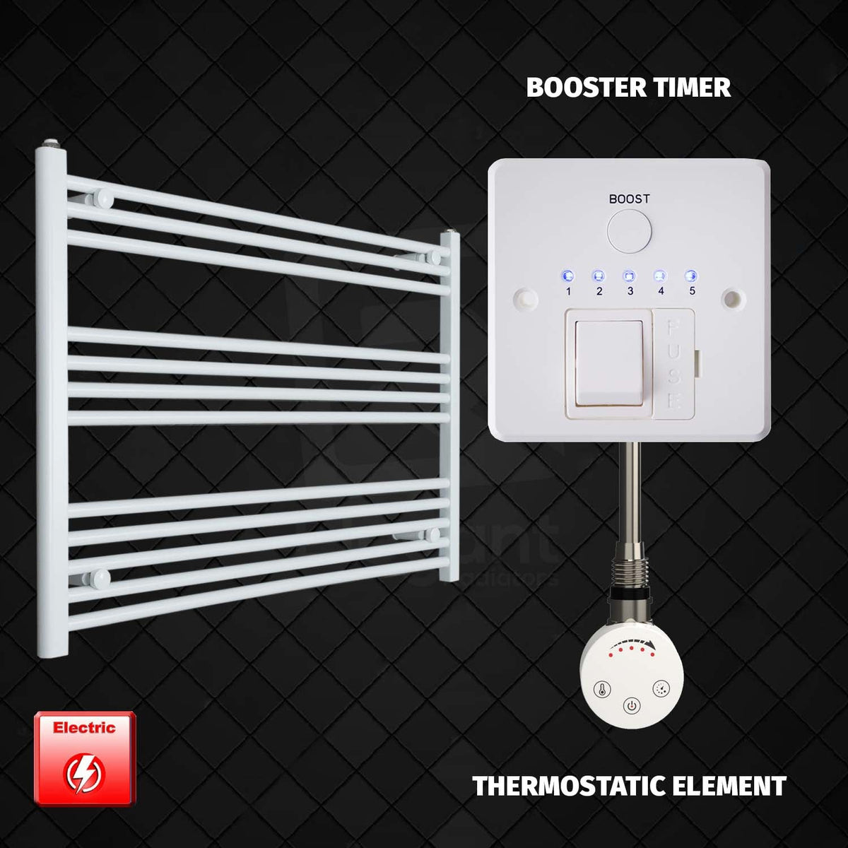 700 mm High 1000 mm Wide Pre-Filled Electric Heated Towel Rail Radiator White HTR SMR Thermostatic element Booster timer