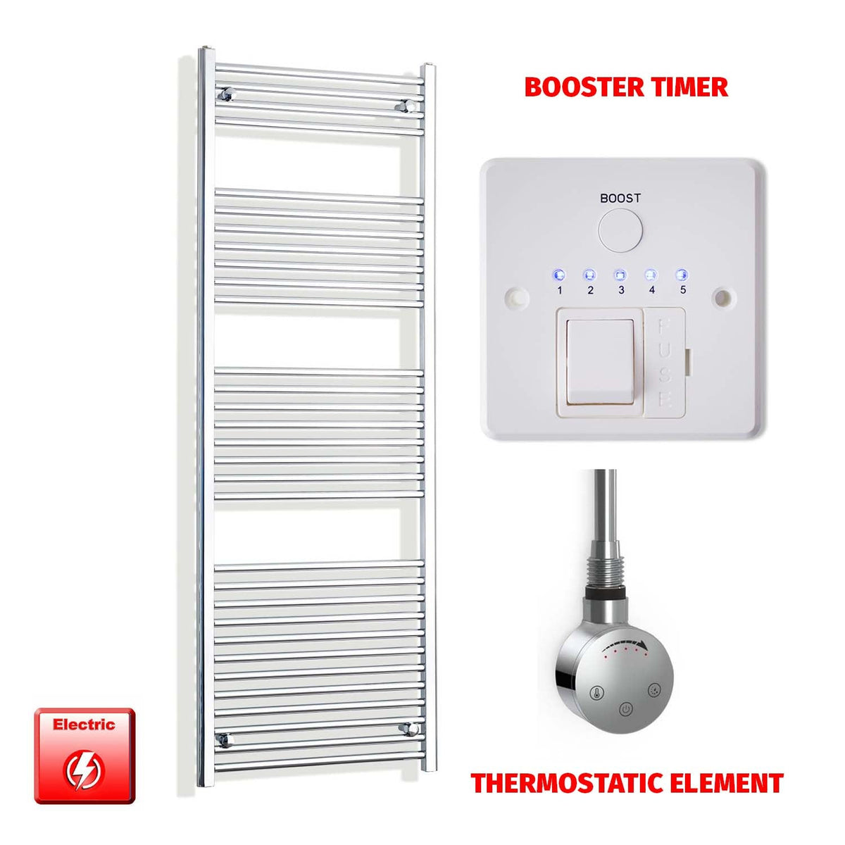 1800mm High 550mm Wide Electric Heated Towel Radiator Straight Chrome SMR Thermostatic element Booster timer
