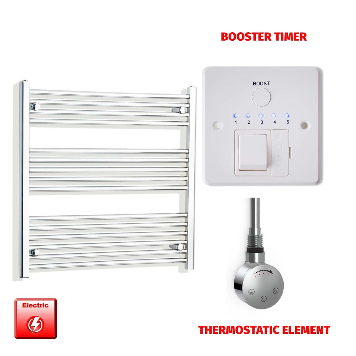 800 x 750 Pre-Filled Electric Heated Towel Radiator Curved or Straight Chrome SMR Thermostatic element Booster timer