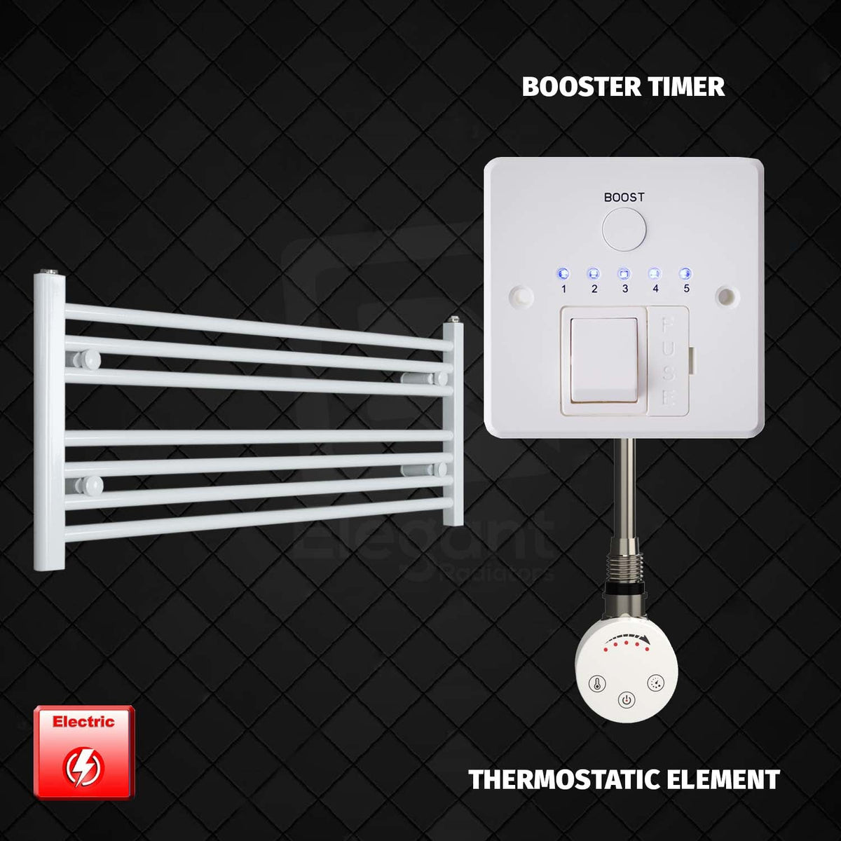 400mm High 1000mm Wide Pre-Filled Electric Heated Towel Radiator White HTR SMR Thermostatic element Booster timer