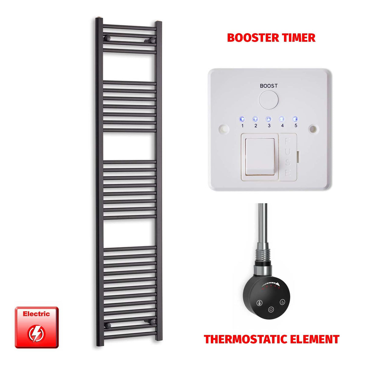 1800mm High 450mm Wide Flat Black Pre-Filled Electric Heated Towel Radiator HTR SMART Thermostatic Booster Timer