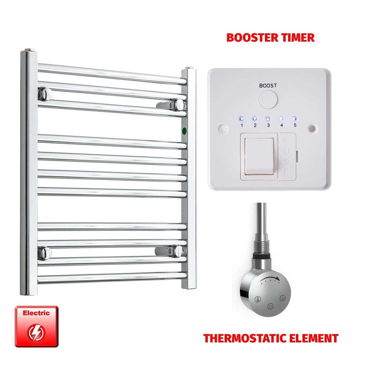 600mm High 500mm Wide Pre-Filled Electric Heated Towel Rail Radiator Straight or Curved Chrome SMR Thermostatic element Booster timer
