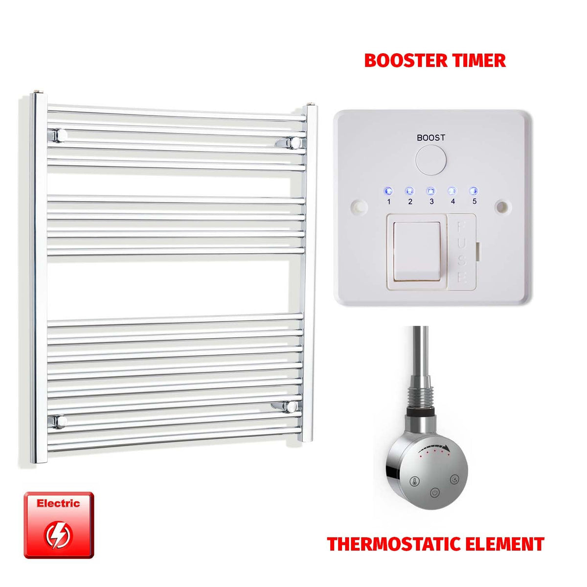900mm High 800mm Wide Pre-Filled Electric Heated Towel Rail Radiator Straight Chrome SMR Thermostatic element Booster timer