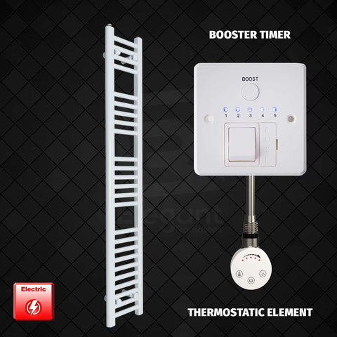 1400 mm High 200 mm Wide Pre-Filled Electric Heated Towel Rail Radiator White MOA Thermostatic Element Booster Timer