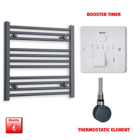 600mm High 600mm Wide Flat Anthracite Pre-Filled Electric Heated Towel Rail Radiator HTR SMR Thermostatic element Booster timer