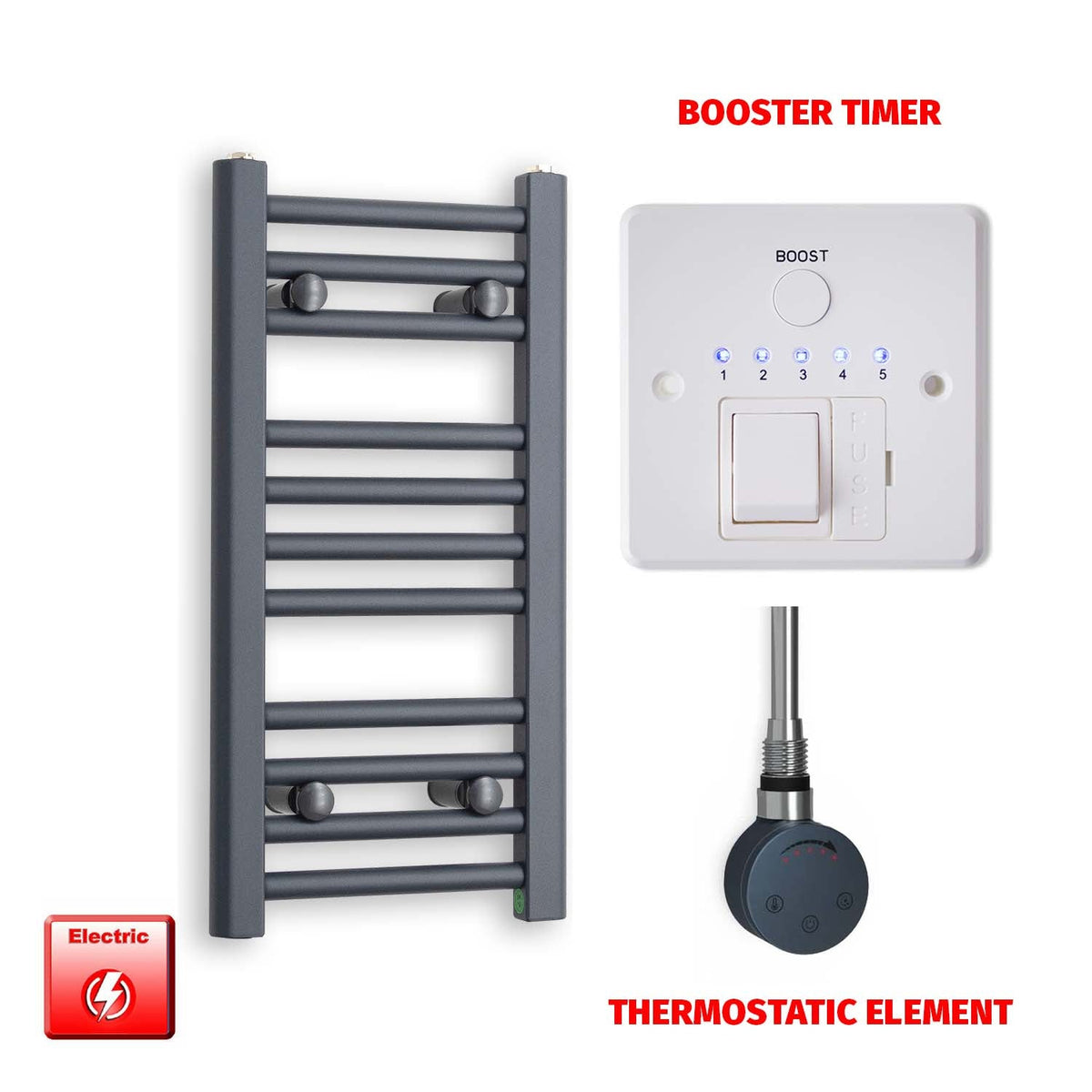 600 x 300 Flat Anthracite Pre-Filled Electric Heated Towel Radiator HTR SMR Thermostatic element Booster timer