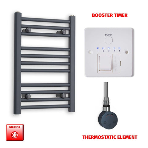 600mm High 400mm Wide Flat Anthracite Pre-Filled Electric Heated Towel Rail Radiator HTR SMR Thermostatic element Booster timer