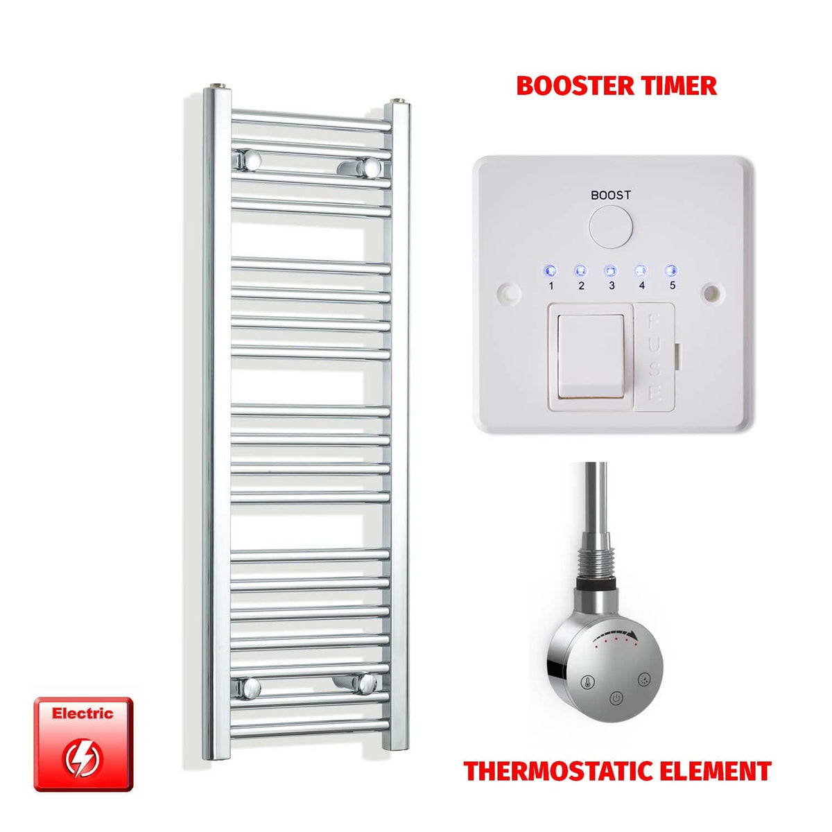 1000mm High 350mm Wide Pre-Filled Electric Heated Towel Rail Radiator Straight Chrome SMR Thermostatic element Booster timer