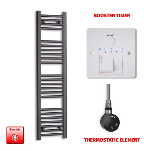 1200mm High 300mm Wide Flat Black Pre-Filled Electric Heated Towel Rail Radiator HTR Smart Thermostatic Booster Timer