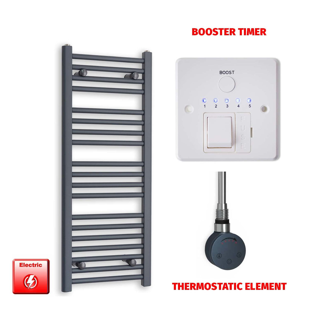 1000 x 400 Flat Anthracite Pre-Filled Electric Heated Towel Radiator HTR SMR Thermostatic element Booster timer