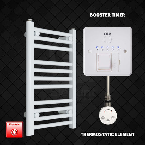 600 mm High 400 mm Wide Pre-Filled Electric Heated Towel Rail Radiator White HTR Thermostatic Element With Booster Timer