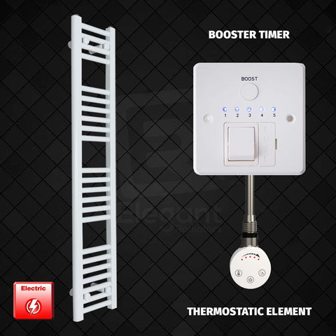 1200 mm High 200 mm Wide Pre-Filled Electric Heated Towel Rail Radiator White HTR Smart Booster Timer Thermostatic Element