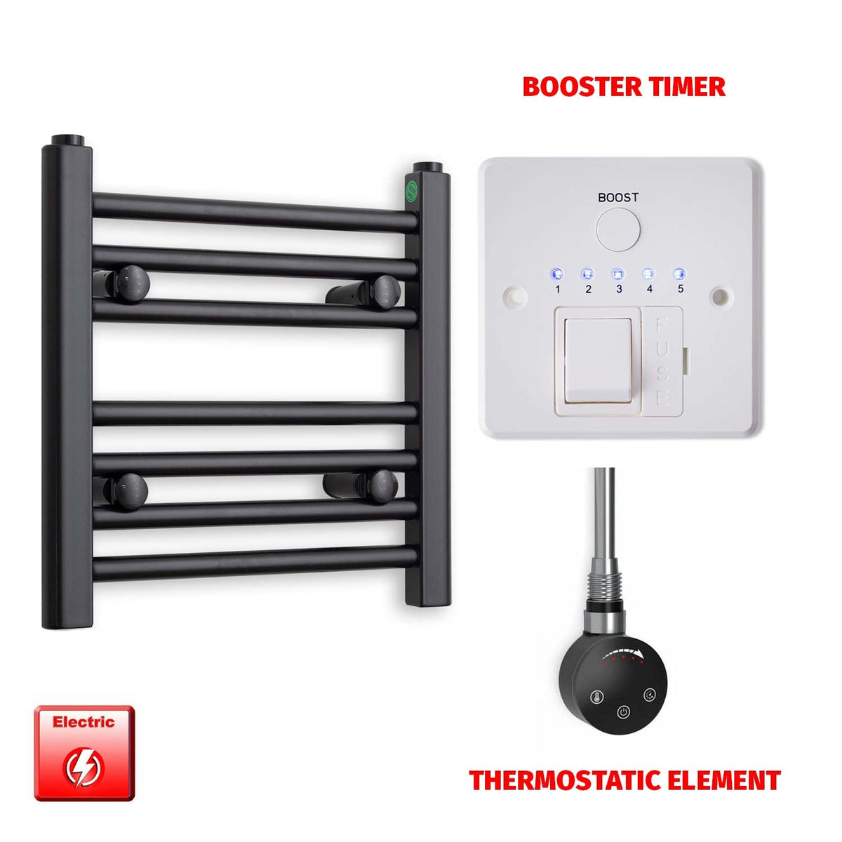 400 x 400 Flat Black Pre-Filled Electric Heated Towel Radiator HTR Smart Thermostatic Booster Timer